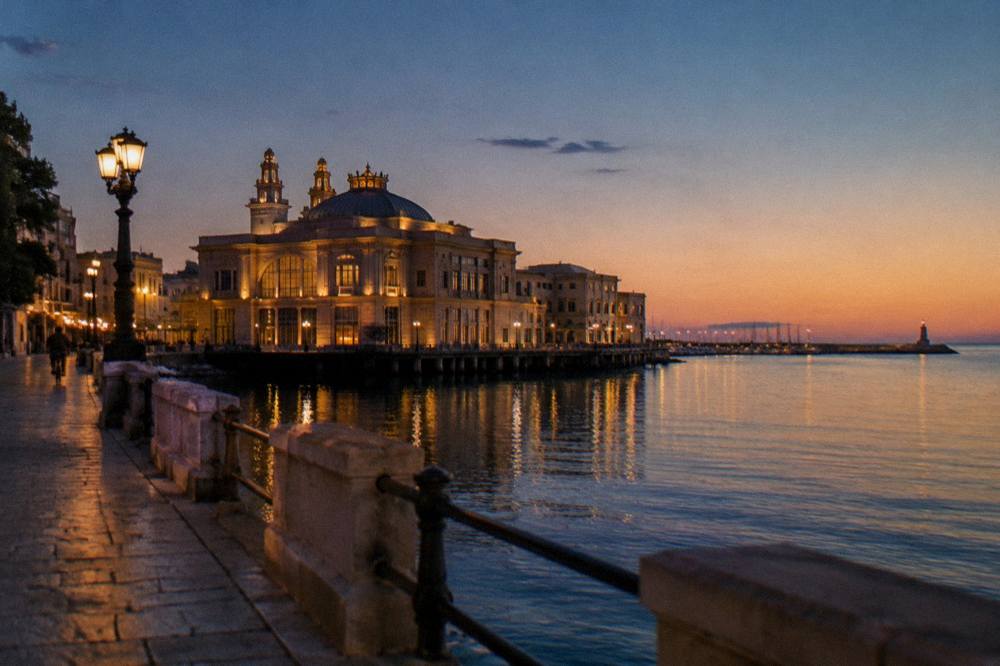 Waterside Liberty-style building at dusk with soft light on its decorated facade and still harbour water