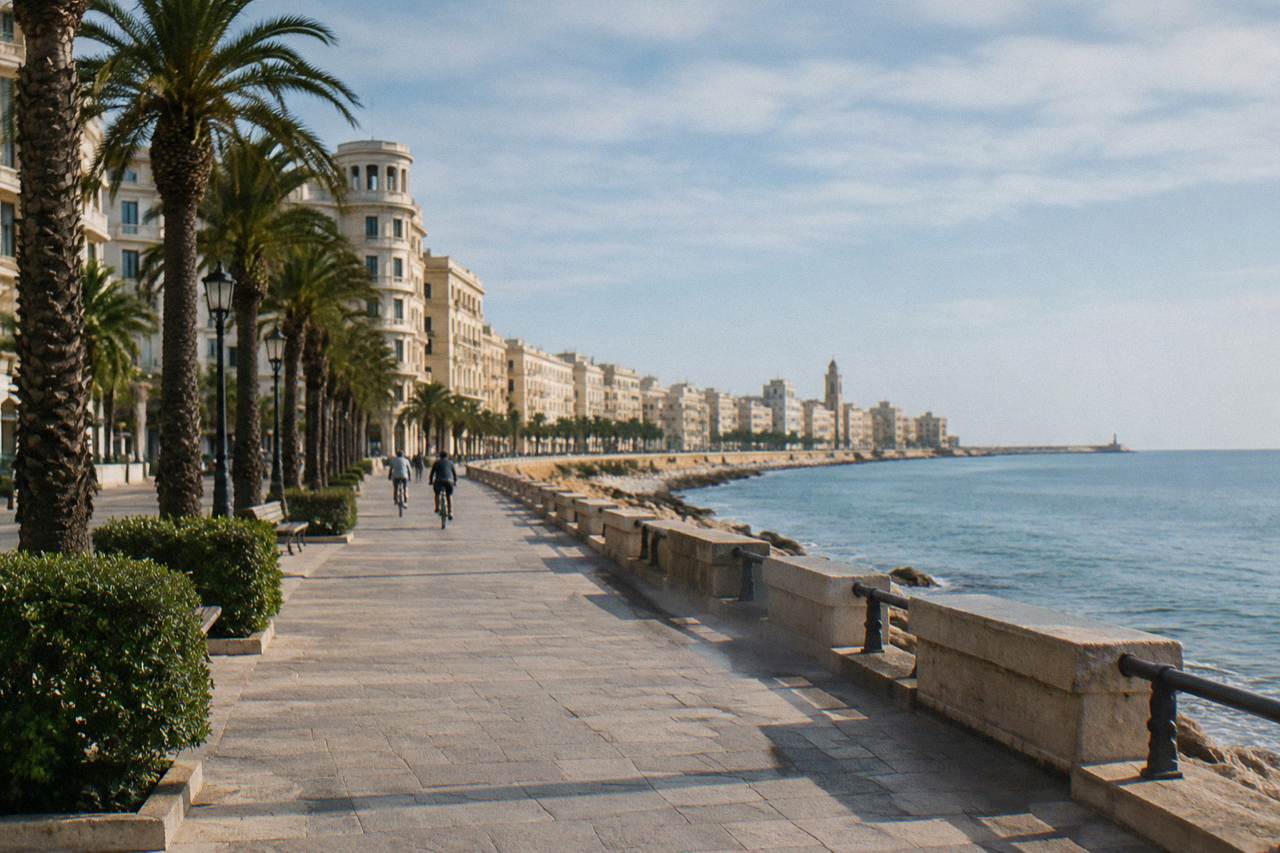 Broad seafront promenade beside a low sea wall with palm trees and a long curve of cream buildings