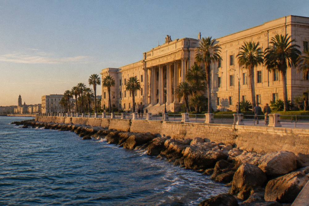 Grand neoclassical seafront palace with a long cream facade, a central portico and palm trees