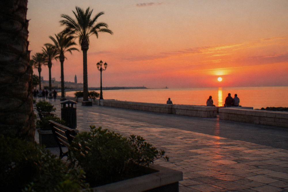 Seafront promenade at sunset with distant people on the low sea wall, an orange sky and palm silhouettes
