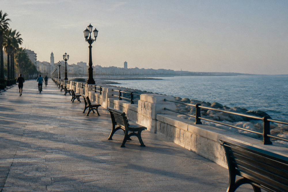 Wide paved seafront promenade with distant joggers and cyclists, benches and calm blue sea in late afternoon