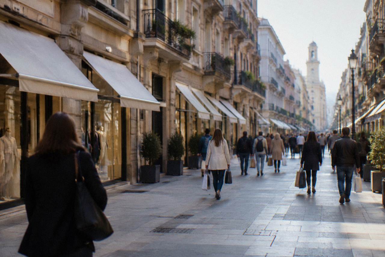 Lively pedestrian shopping street lined with facades with distant shoppers carrying bags