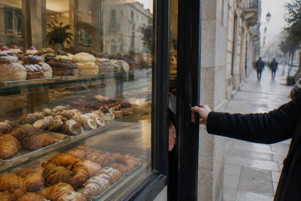 Pastry shop window with trays of pastries behind glass and a hand reaching for the door