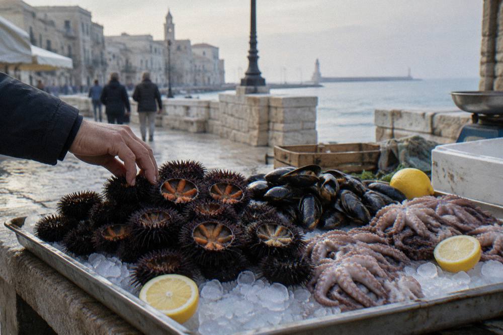 Fresh sea urchins, mussels and small octopus on crushed ice with lemon halves on a stone market counter