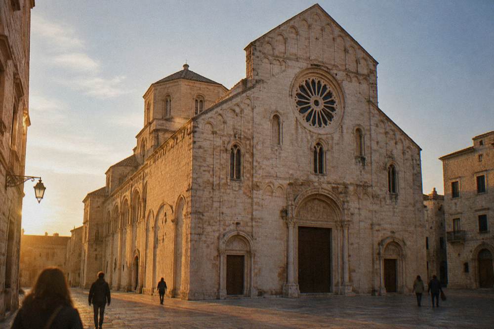 Romanesque cathedral of golden limestone with blind arcading, a wheel window and an octagonal drum dome above a small square