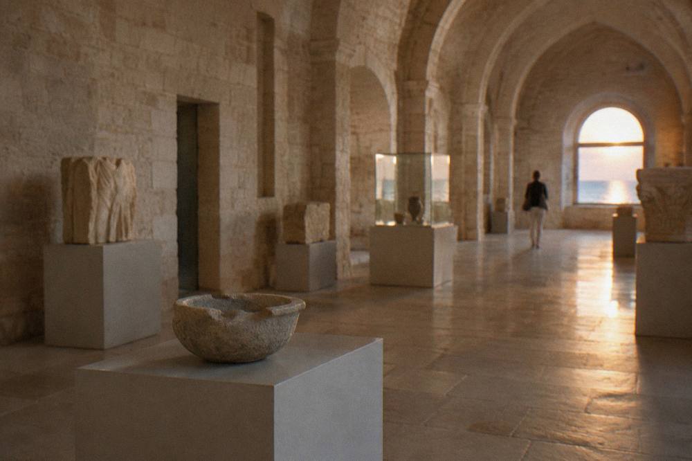 Vaulted stone hall with archaeological finds on plain plinths in soft light