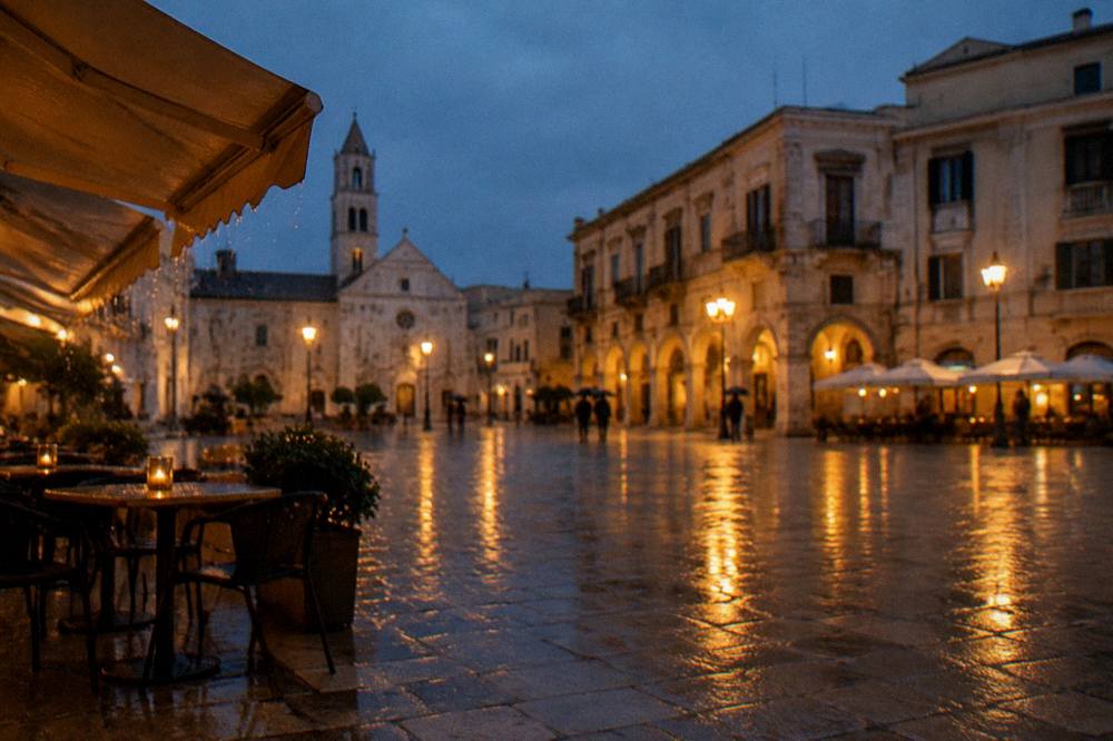 Rainy evening in a pale stone square with wet paving reflecting warm cafe lights and distant umbrellas