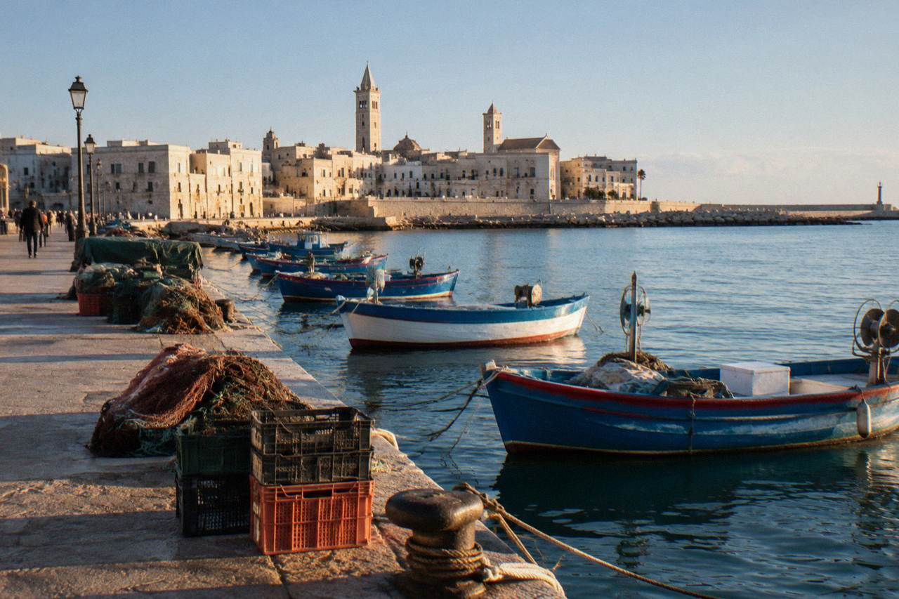 Old harbour pier with small wooden fishing boats, crates and nets and the pale old town skyline with two towers behind