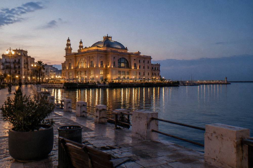 Waterside Liberty-style building at dusk with soft light on its decorated facade and still harbour water