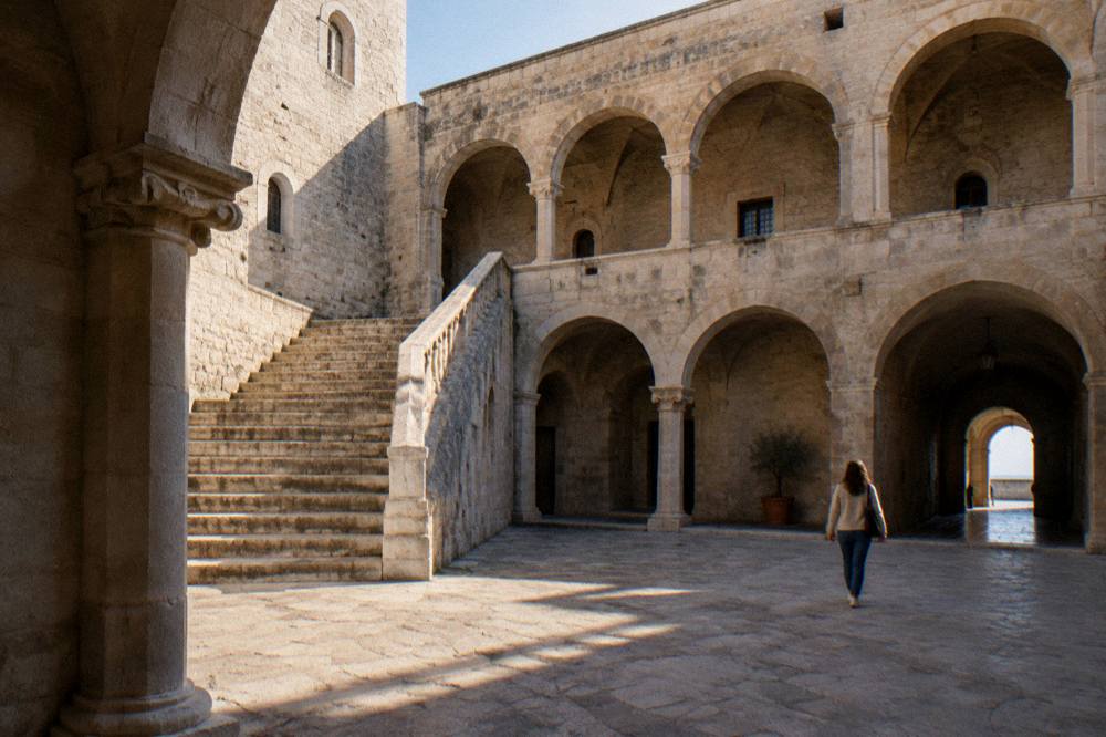 Inner courtyard of a medieval castle with a pale stone arcade, a broad staircase and a vaulted passage
