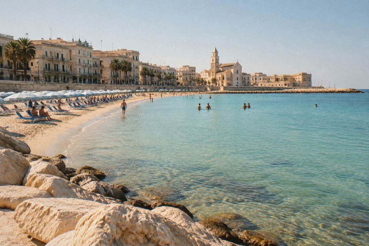 Small urban sandy beach with parasols in a curved bay, shallow turquoise water and seafront buildings behind
