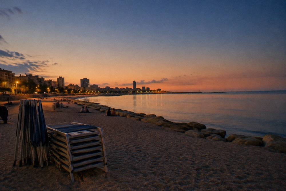 City beach in the evening with distant people on the sand, stacked sunbeds and an almost still sea