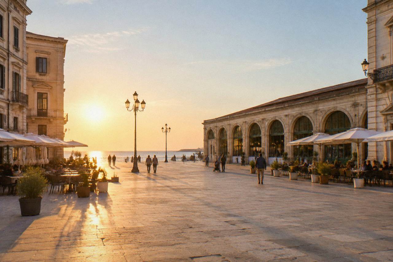 Broad open piazza beside a long low market hall with arched openings and outdoor cafe tables in bright morning