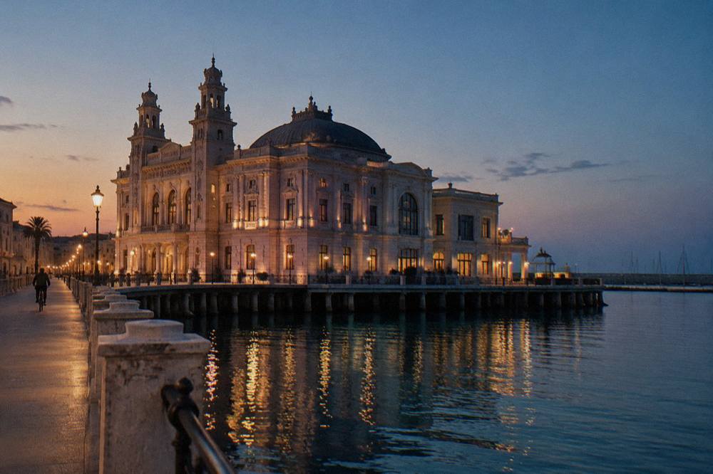 Waterside Liberty-style building at dusk with soft light on its decorated facade and still harbour water