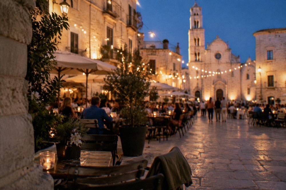 Pale limestone old town square at dusk with strings of lights and out-of-focus diners at cafe tables