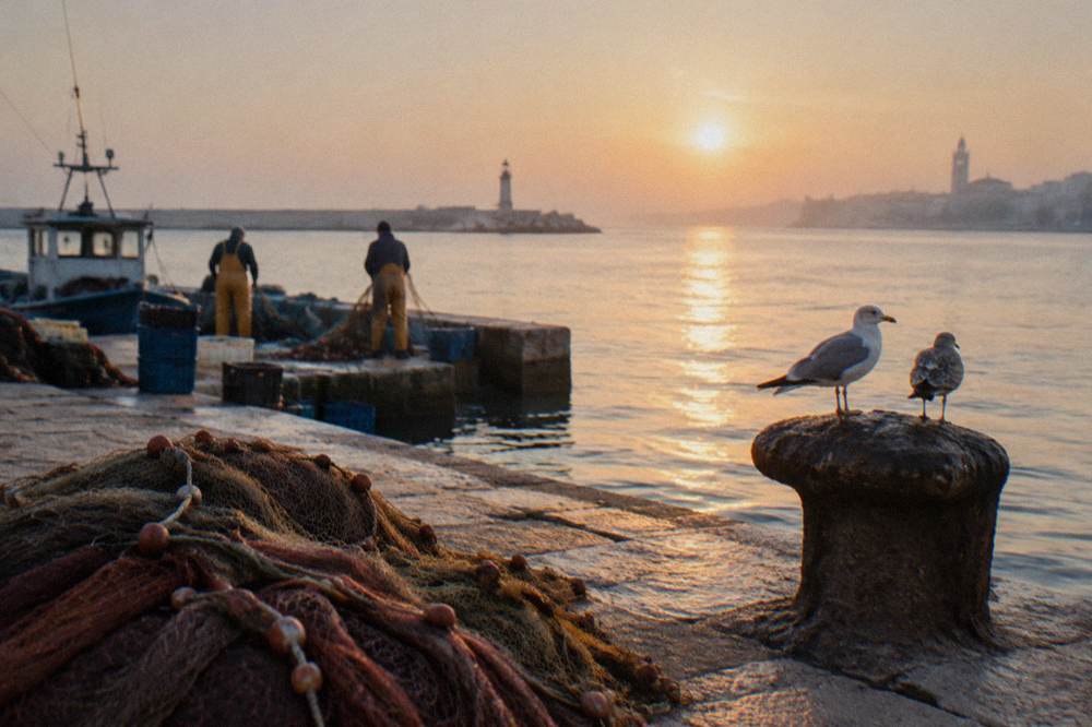 Distant fishermen working beside nets and crates on a low concrete quay with seagulls in early morning haze