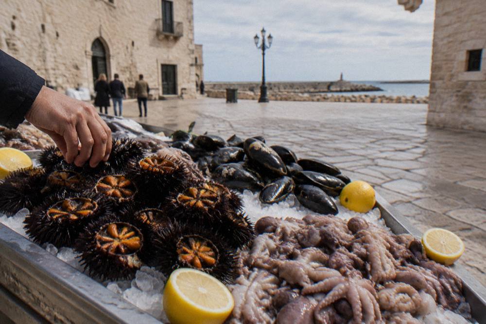 Fresh sea urchins, mussels and small octopus on crushed ice with lemon halves on a stone market counter