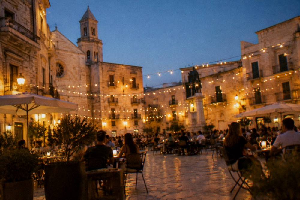 Pale limestone old town square at dusk with strings of lights and out-of-focus diners at cafe tables