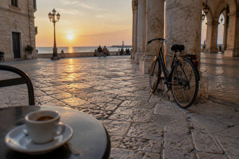 Worn limestone paving beside loggia arches with a leaning bicycle and an espresso cup on a small round table