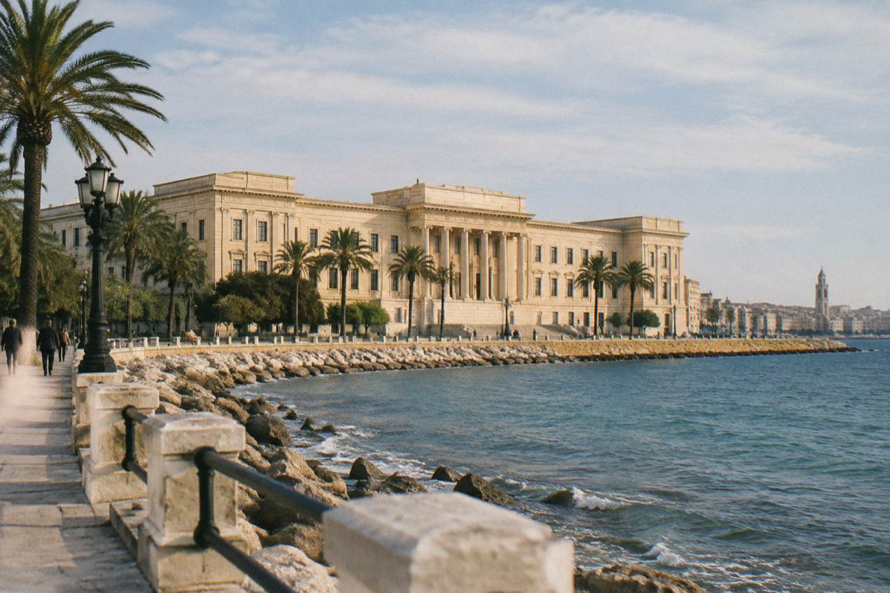 Grand neoclassical seafront palace with a long cream facade, a central portico and palm trees
