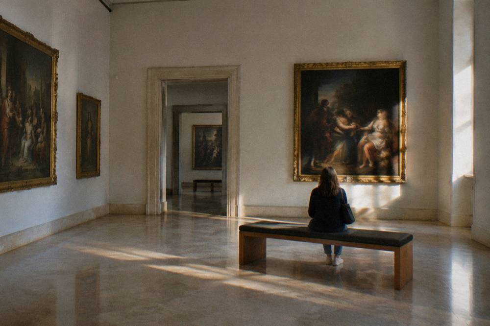 Gallery room with framed old paintings on pale walls, a central bench and one visitor seen from behind