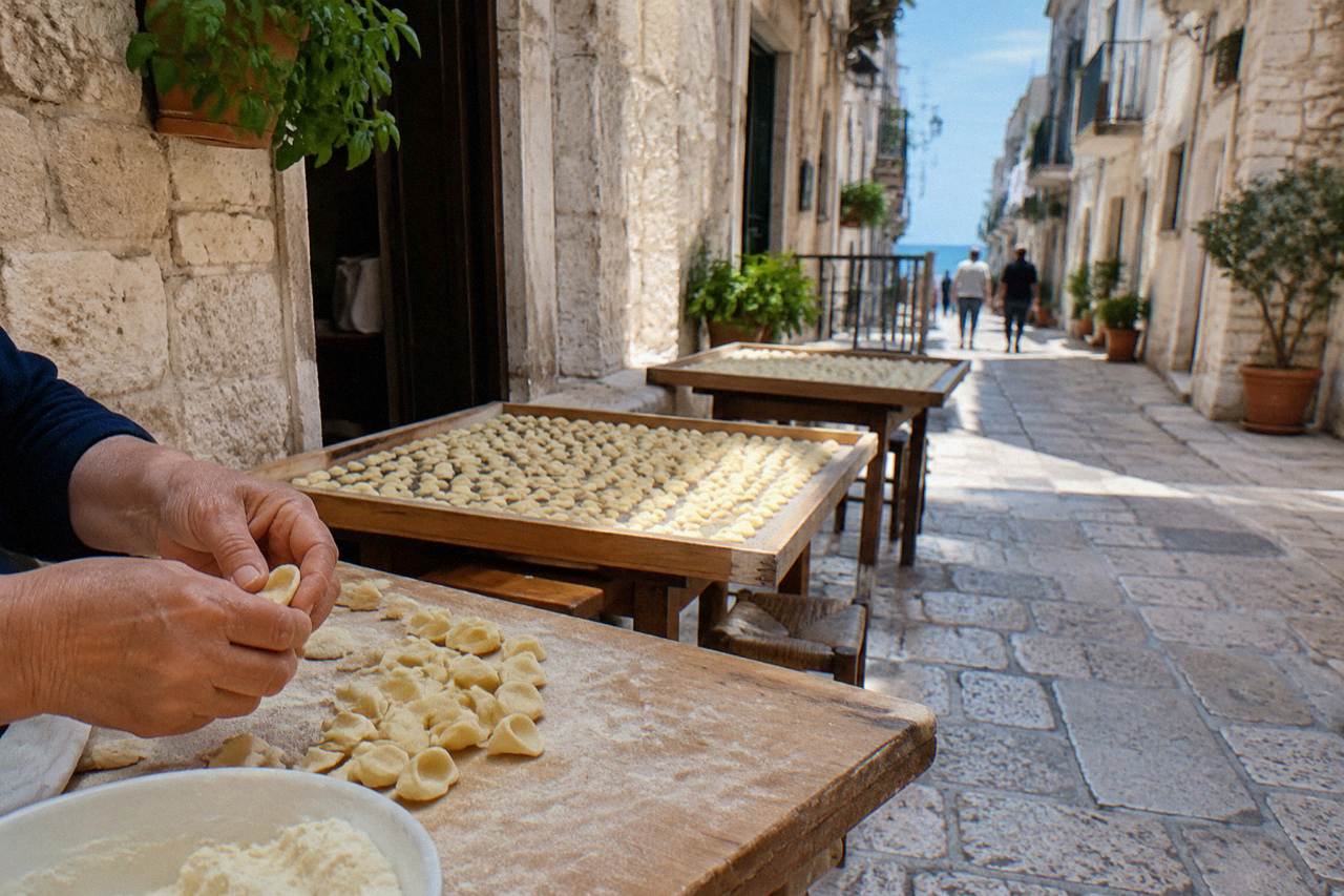 Handmade orecchiette drying on wooden trays on tables along a narrow old town lane, a pair of hands shaping pasta