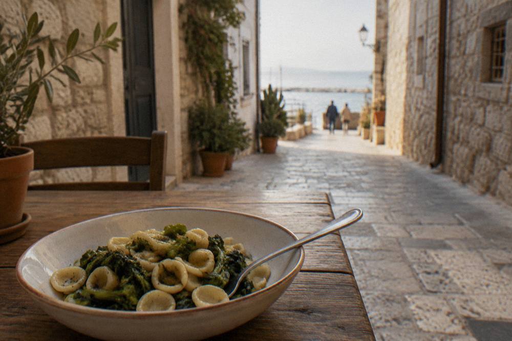 Bowl of orecchiette with turnip tops on a rustic wooden table in a stone lane