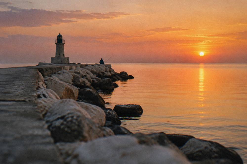 End of a harbour pier with a small lighthouse, glassy open Adriatic and a distant angler at sunset
