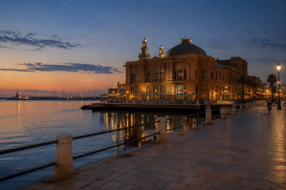 Waterside Liberty-style building at dusk with soft light on its decorated facade and still harbour water