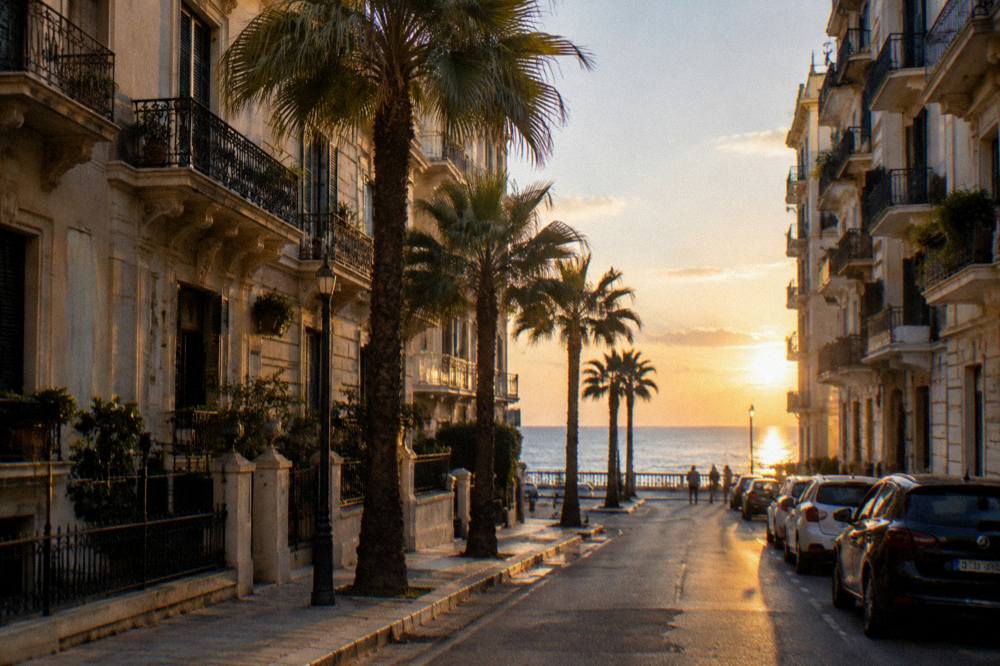 Residential street of Liberty apartment buildings with iron balconies, palm trees and the sea at its end
