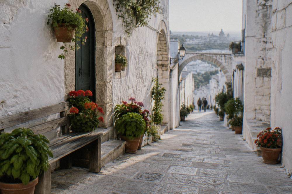 Whitewashed hill town lane with small stone arches, pots of basil and geraniums and a wooden bench