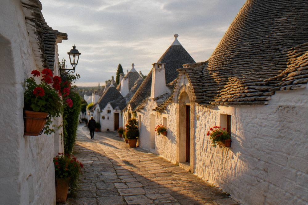 Quiet lane of conical-roofed houses at golden hour with long shadows and window boxes of geraniums