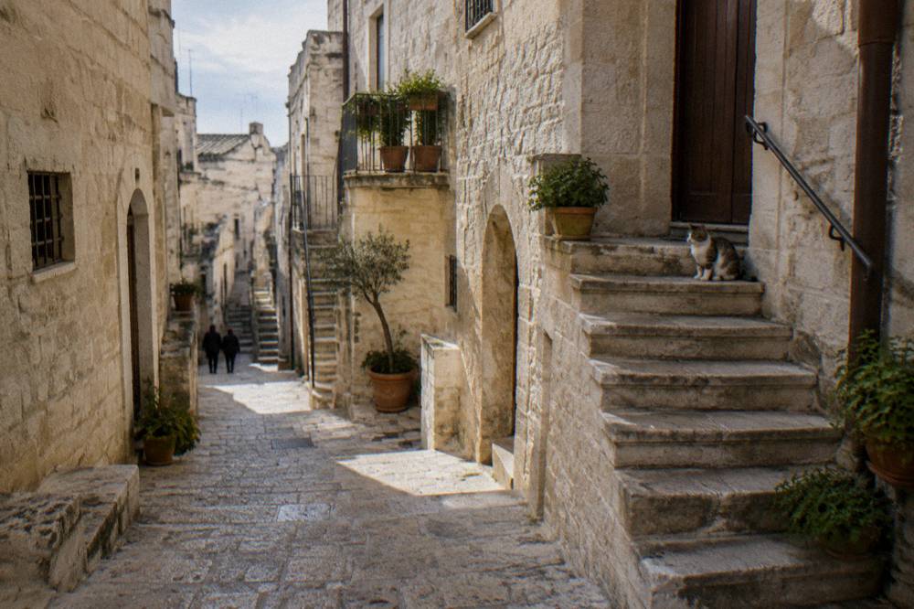 Narrow old town lane of cream limestone houses with stone staircases and a cat on a step