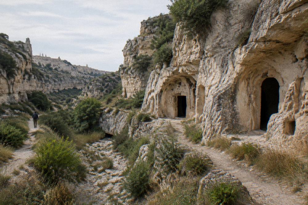 Cave entrances cut into a pale rock face above a dry stream bed with shrubs on the ledges and a distant hiker