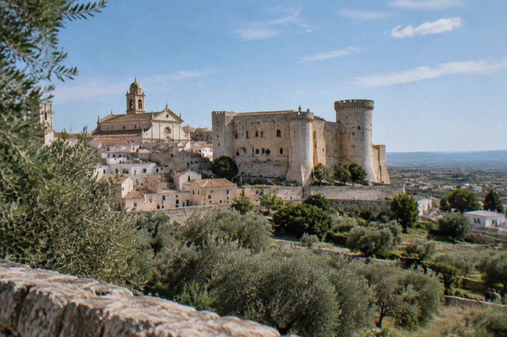 Hill town with a large medieval castle and round tower beside a cathedral among terracotta roofs and olive groves