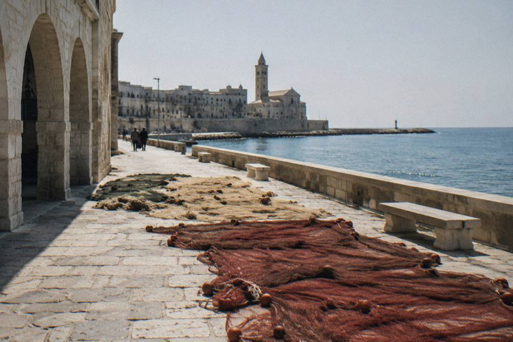 Long seafront with a low wall, benches and fishing nets laid out to dry on the stones