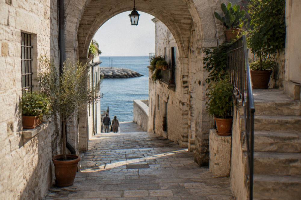 Pale old town lane with an arch and stone steps leading towards the sea with potted plants