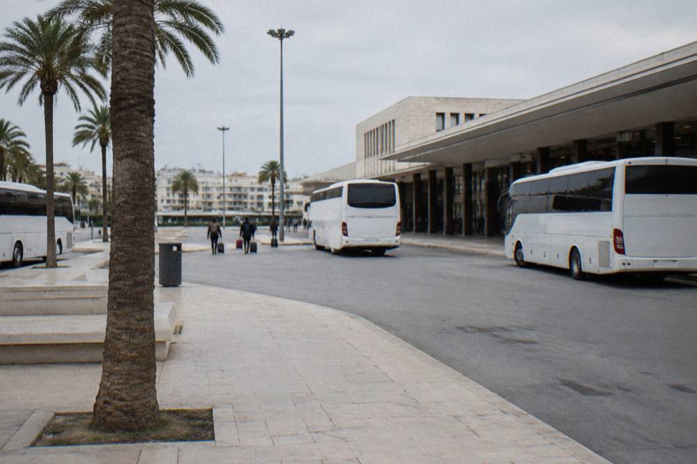 Station forecourt with plain white buses, palm trees and distant travellers with wheeled suitcases