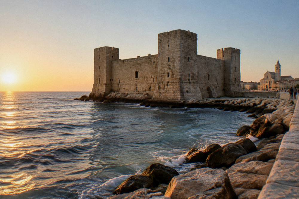 Square stone castle with corner towers on a low shore with waves lapping its base