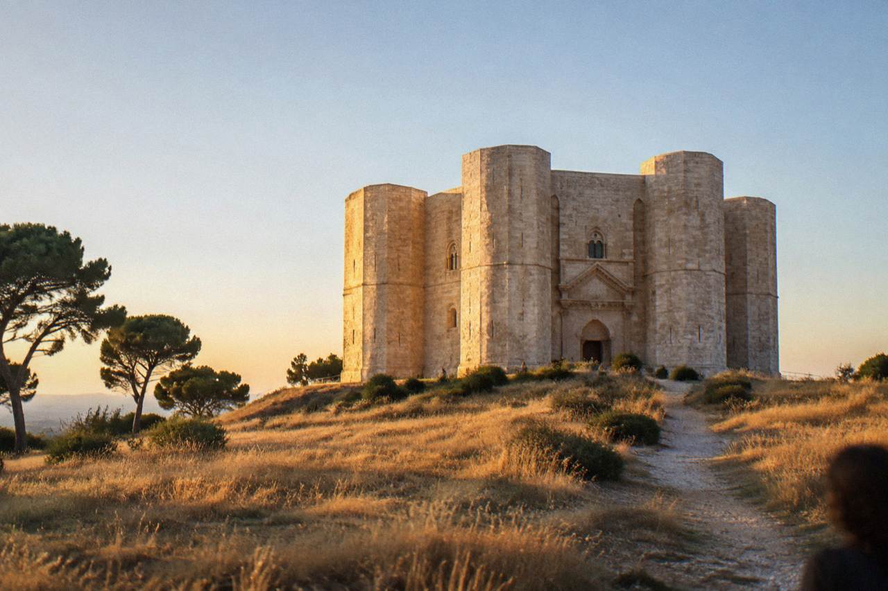 Octagonal pale limestone fortress with eight corner towers alone on a low hill above dry golden fields