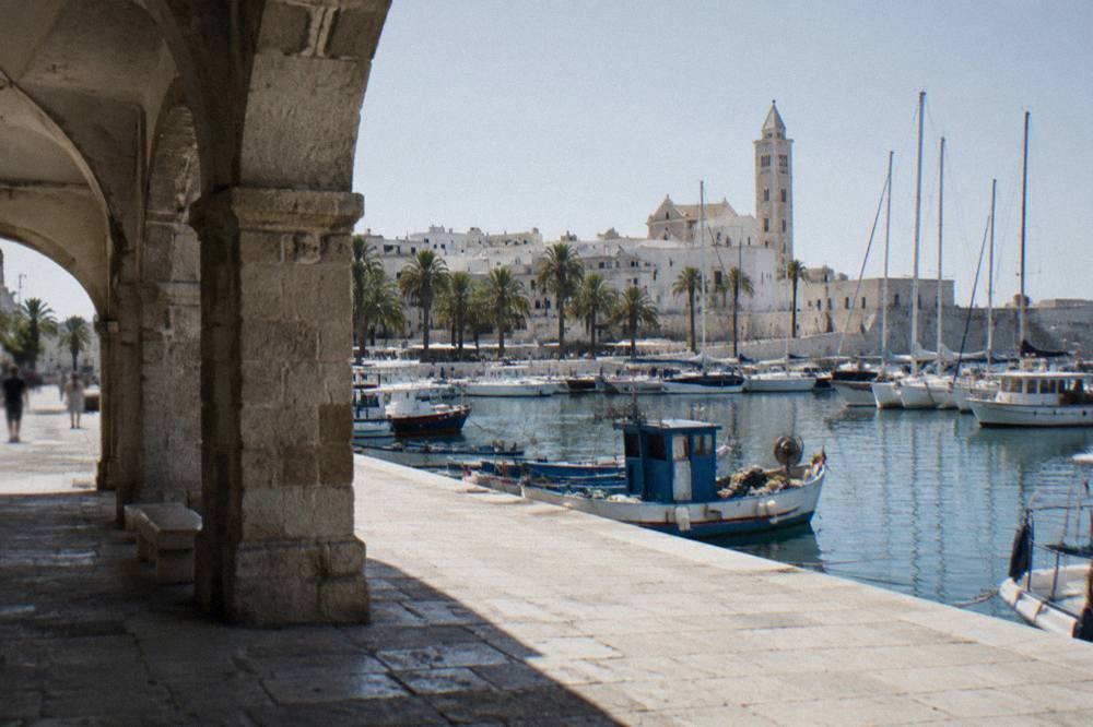 Harbour of moored yachts and fishing boats with palm trees along the waterfront and a whitewashed old town