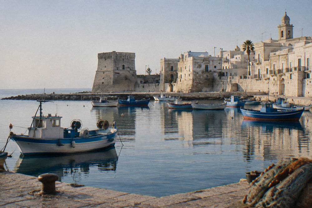 Small harbour of fishing boats under the pale walls of an old town with a squat stone tower
