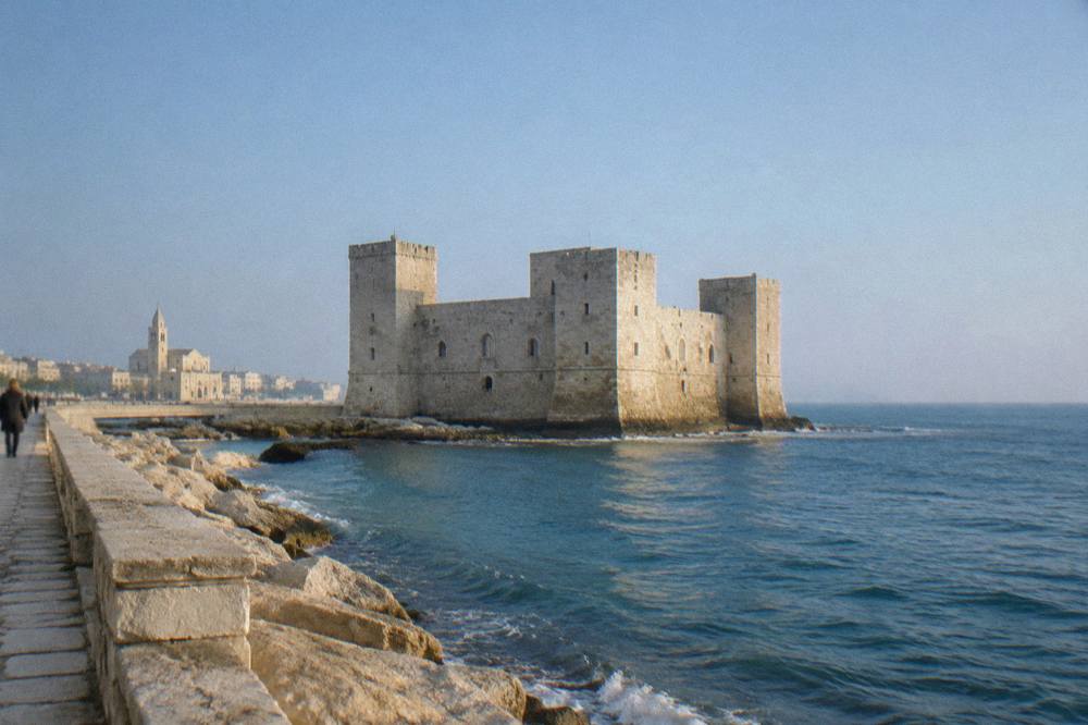 Square stone castle with corner towers on a low shore with waves lapping its base