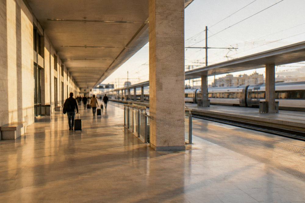 Large pale railway station with a long concourse, distant travellers with suitcases and plain trains at the platforms