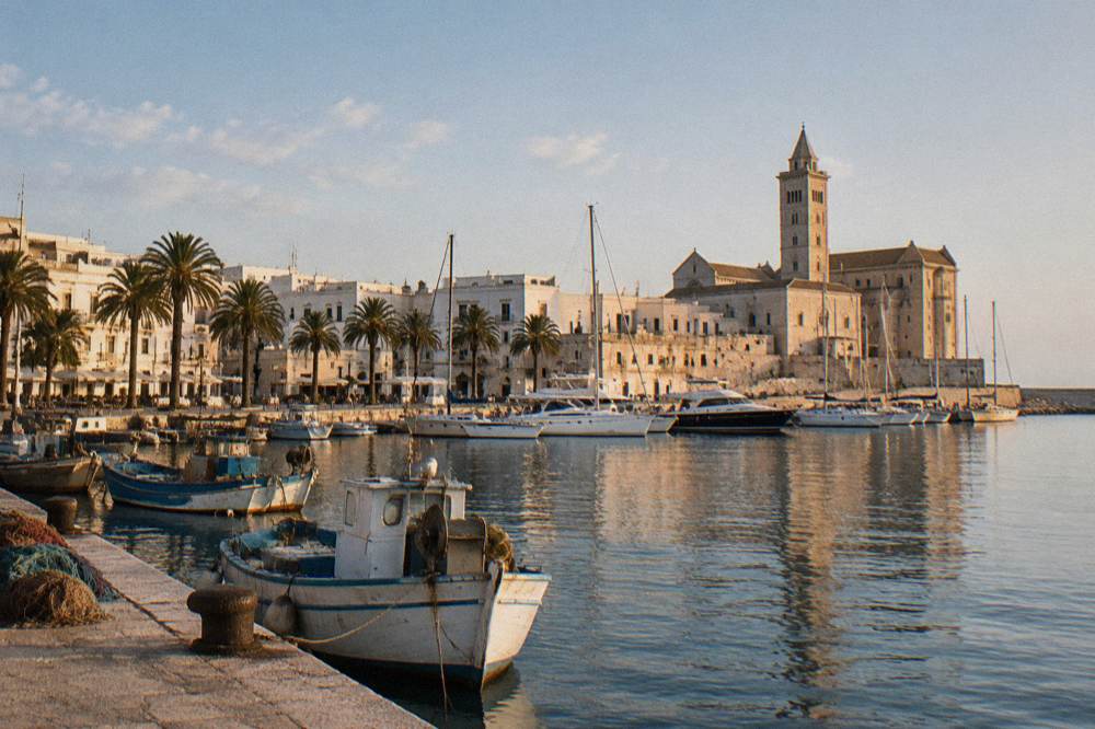 Harbour of moored yachts and fishing boats with palm trees along the waterfront and a whitewashed old town