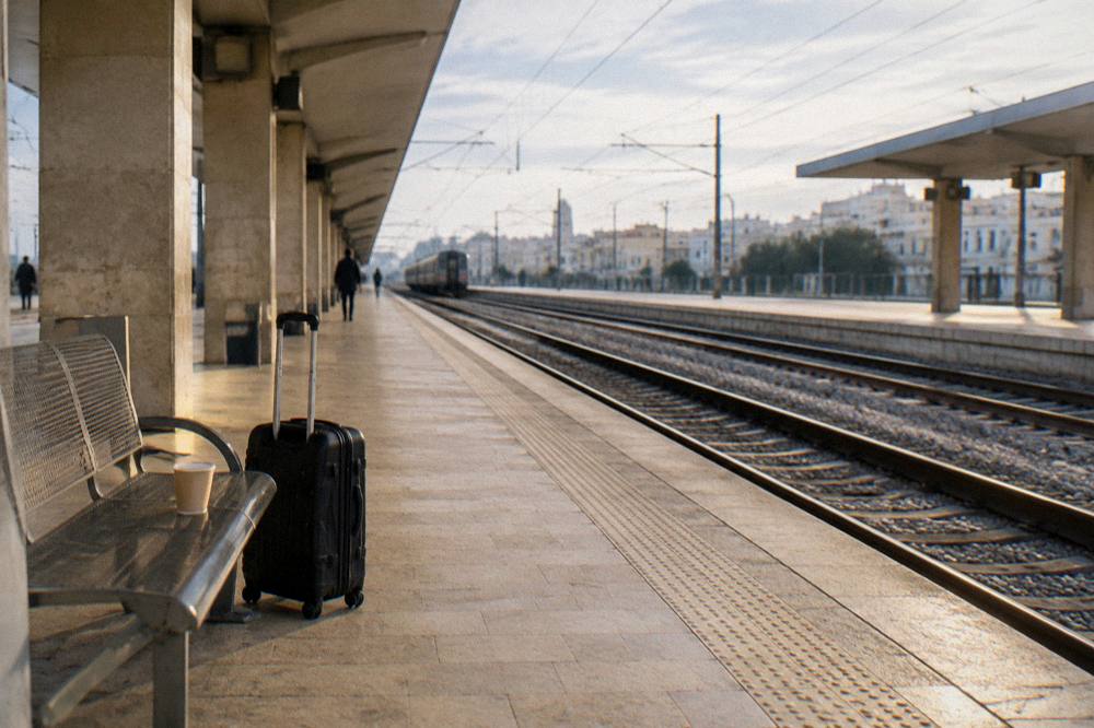 Platform bench with a suitcase and a paper cup beside empty tracks and a distant plain train
