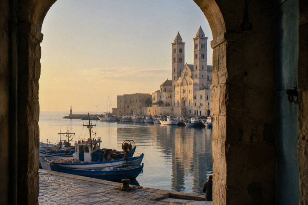 Old harbour with fishing boats at the quay and a twin-towered Romanesque cathedral near the shore