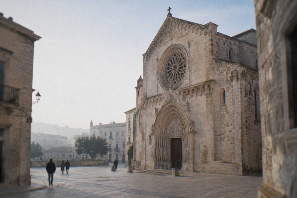 Romanesque cathedral in warm limestone with a carved rose window and portal on a small square