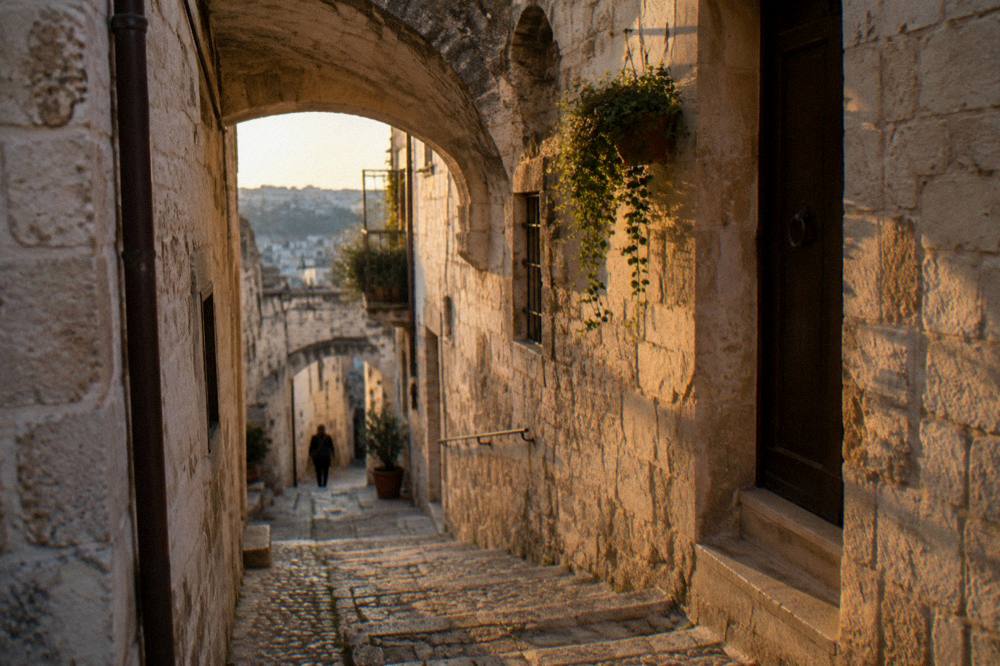 Narrow old town lane with pale stone arches, worn steps and a hanging plant in soft shade