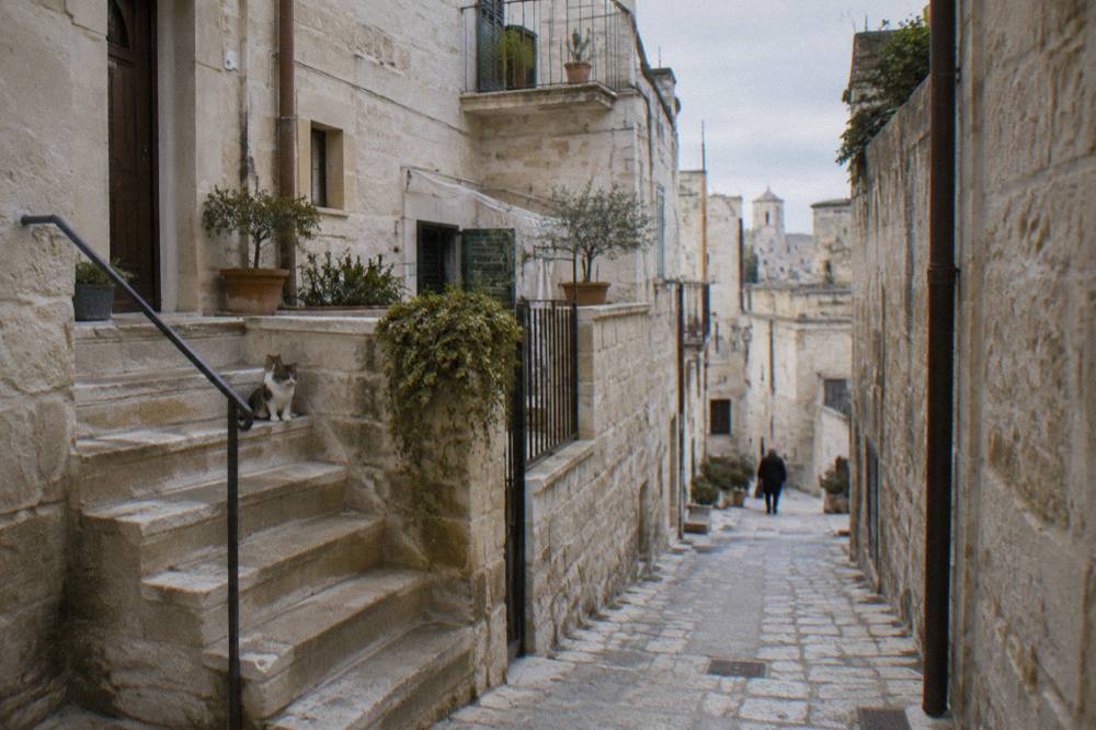 Narrow old town lane of cream limestone houses with stone staircases and a cat on a step